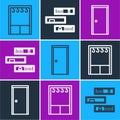 Set line Wardrobe, Closed door and Shelf with books icon. Vector