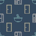 Set line Wardrobe, Closed door and Washbasin with water tap on seamless pattern. Vector