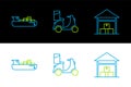 Set line Warehouse, Cargo ship with boxes delivery service and Scooter icon. Vector Royalty Free Stock Photo