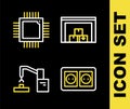 Set line Warehouse, Electrical outlet, Robotic robot arm hand factory and Processor with microcircuits CPU icon. Vector Royalty Free Stock Photo