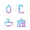 Set line Washbasin cabinet with tap, Washbasin with water tap, Mirror and Shower. Gradient color icons. Vector