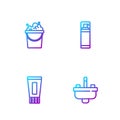 Set line Washbasin with water tap, Tube of toothpaste, Bucket soap suds and Shaving gel foam. Gradient color icons