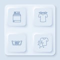 Set line Washer, Drying clothes, Temperature wash and Dirty t-shirt. White square button. Vector Royalty Free Stock Photo