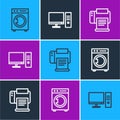 Set line Washer, Printer and Computer monitor icon. Vector