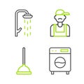 Set line Washer, Rubber plunger, Plumber and Shower icon. Vector
