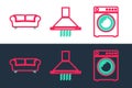 Set line Washer, Sofa and Kitchen extractor fan icon. Vector