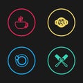 Set line Washing dishes, Crossed fork, Cooking soup pot and Coffee cup icon. Vector