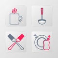 Set line Washing dishes, Crossed fork, Kitchen ladle and Coffee cup icon. Vector