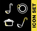 Set line Washing dishes, Kitchen ladle, Cooking pot and icon. Vector