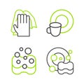 Set line Washing dishes, Sponge, and Cleaning service icon. Vector