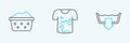 Set line Washing modes, Basin with soap suds and Dirty t-shirt icon. Vector