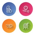 Set line Waste of time, Clock, Time flies on the clock and Target sport. Color circle button. Vector