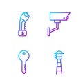 Set line Watch tower, Key, Police electric shocker and Security camera. Gradient color icons. Vector Royalty Free Stock Photo