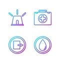 Set line Water drop, Fire exit, Flasher siren and First aid kit. Gradient color icons. Vector Royalty Free Stock Photo