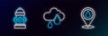 Set line Water drop with location, Fire hydrant and Cloud rain icon. Glowing neon. Vector