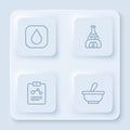 Set line Water drop, Test tube flask on fire, Chemistry report and Mortar and pestle. White square button. Vector Royalty Free Stock Photo