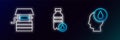 Set line Water drop, Well with bucket and Bottle of water icon. Glowing neon. Vector Royalty Free Stock Photo