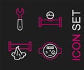 Set line Water meter, Broken pipe, Industry and manometer and Wrench spanner icon. Vector Royalty Free Stock Photo