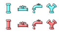 Set line Water tap, Industry metallic pipe, Industry pipe and valve and Industry metallic pipe icon. Vector Royalty Free Stock Photo