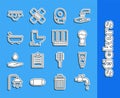 Set line Water tap, Tube of toothpaste, Shaving brush, Toilet paper roll, bowl, Bathtub, Underwear and Towel stack icon