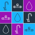 Set line Water tap, Water drop and Industry pipe and manometer icon. Vector Royalty Free Stock Photo