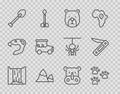 Set line Waterfall, Paw print, Bear head, Mountains, Shovel, Safari car, Rhinoceros and Swiss army knife icon. Vector Royalty Free Stock Photo