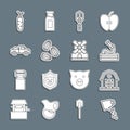 Set line Watering can, Farm house, Garden hose, Shovel, Seeds, Pickup truck, Carrot and Windmill icon. Vector Royalty Free Stock Photo