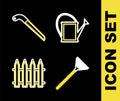 Set line Watering can, Garden rake for leaves, fence and Fertilizer bag icon. Vector