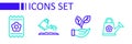 Set line Watering can, Leaf hand, and Pack full of seeds icon. Vector