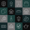 Set line Watering can, Potato, Farm house, Hive for bees, Chicken egg, Shield corn and Bread loaf icon. Vector