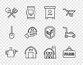 Set line Watering can, Signboard with text Farm, Hive for bees, house, Shovel and rake, hand, and Lawn mower icon