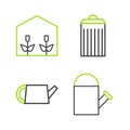 Set line Watering can, Trash and Home greenhouse and plants icon. Vector