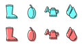 Set line Watering can, Waterproof rubber boot, Plum fruit and Water drop icon. Vector