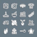 Set line Watering can, Wheat, Green peas, Bread loaf, Mortar and pestle, Seed, Flour pack and Farm house icon. Vector