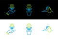 Set line Watering sprout, Hand holding flower and Flower pot icon. Vector