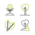 Set line Watering Tree, Leafs, and Flower icon. Vector