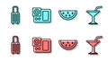 Set line Watermelon, Suitcase, Photo camera and Martini glass icon. Vector