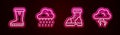 Set line Waterproof rubber boot, Cloud with rain, and Storm. Glowing neon icon. Vector