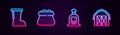 Set line Waterproof rubber boot, Full sack, and Farm house. Glowing neon icon. Vector