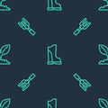 Set line Waterproof rubber boot, Garden rake and Plant on seamless pattern. Vector