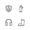 Set line Waterproof rubber boot, Headphones, Shield with tree and Protective gloves icon. Vector