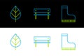 Set line Waterproof rubber boot, Leaf and Bench icon. Vector