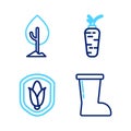 Set line Waterproof rubber boot, Shield corn, Carrot and Tree icon. Vector