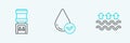 Set line Waves of water and evaporation, Water cooler and drop icon. Vector