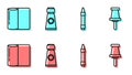 Set line Wax crayons for drawing, Paper towel roll, Tube with paint palette and Push pin icon. Vector Royalty Free Stock Photo