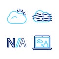 Set line Weather forecast, Not applicable, Fog and cloud and Sun icon. Vector