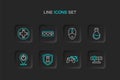Set line Web camera, Game controller or joystick, Chess shield, Power button, Bottle with magic elixir, Computer mouse Royalty Free Stock Photo