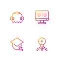 Set line Web camera, Graduation cap on globe, Headphones and Online book monitor. Gradient color icons. Vector