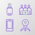 Set line Web camera, Mobile phone, Online class and USB flash drive icon. Vector Royalty Free Stock Photo