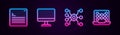 Set line Web developer programming code, Computer monitor, Neural network and . Glowing neon icon. Vector Royalty Free Stock Photo